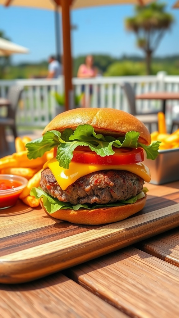 A juicy beef burger with cheese, lettuce, and tomato on a toasted bun, accompanied by fries and ketchup.